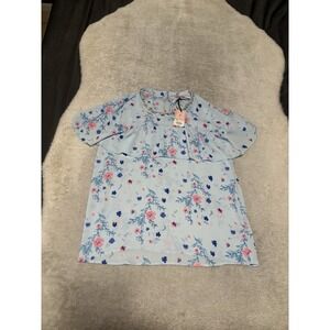 New‎ Juicy Couture Blue Floral Ruffle Beaded Blouse Shirt Size Small Top NWT